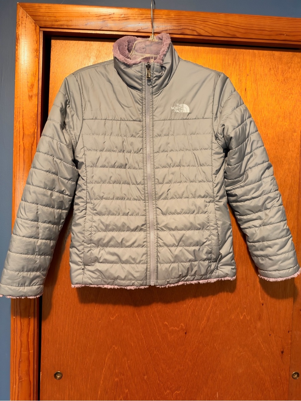 The North Face Girls' Light Gray Insulated Jacket with Lavender Trim